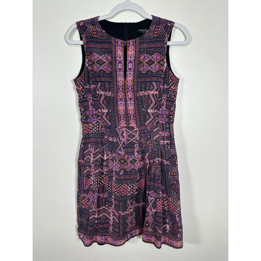 Nanette Lepore Silk Geometric Print Fit Flare Dress Purple Boho Retro